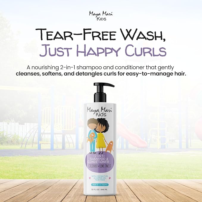 MAYA MARI Kids Shampoo and Conditioner 2 in 1, 32 oz Family Size Bottle, Sulfate Free, Paraben Free, Tear Free, Dye Free, Coconut Lime Twist, Made in Los Angeles for Toddlers and Curly Hair