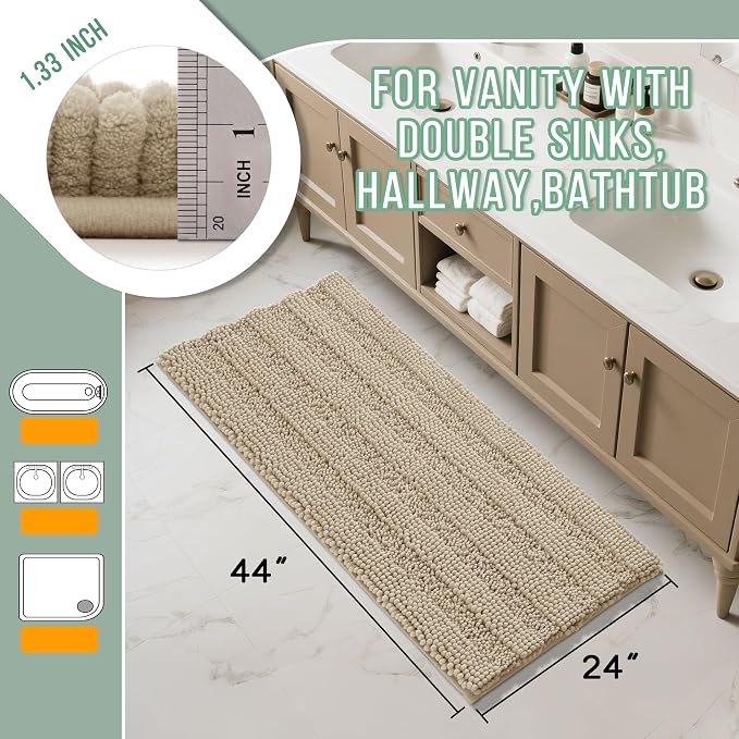 Yimobra Bathroom Rug Mat 44 x 24, Non Slip and Super Absorbent Bath Mat,Machine Washable Quick Dry,Ultra Plush Chenille Shower Rugs for Bathroom Floor Sink Tub and Shower Outside,Camel