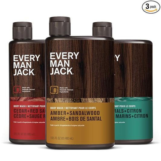 Every Man Jack Men's Body Wash Variety Pack - Includes 3 Body Washes with Natural Ingredients & Incredible Scents - Amber + Sandalwood, Cedar + Red Sage, Sea Minerals + Citron Fragrances (3 Pack)