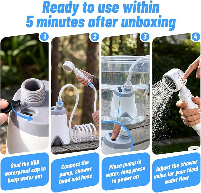 Portable Rechargeable Camping Shower Pump | 4000mAh Battery, Outdoor Shower Head Sprayer, For Camping, Hiking, Travel,car washing, pet cleaning