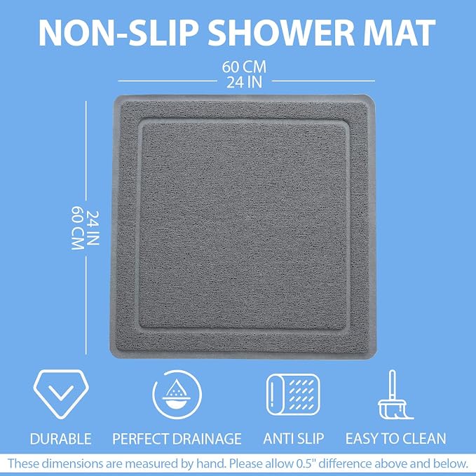 Hargiis Square Non-Slip Shower Mat, Anti Slip Bathtub Mat, Fast Drying Bathtub Mats, Upgraded Foot Scrubber Mat, Anti Slip Mat for Tub, Floor, Bathroom, Kitchen, Hotel (Grey 24"×24")
