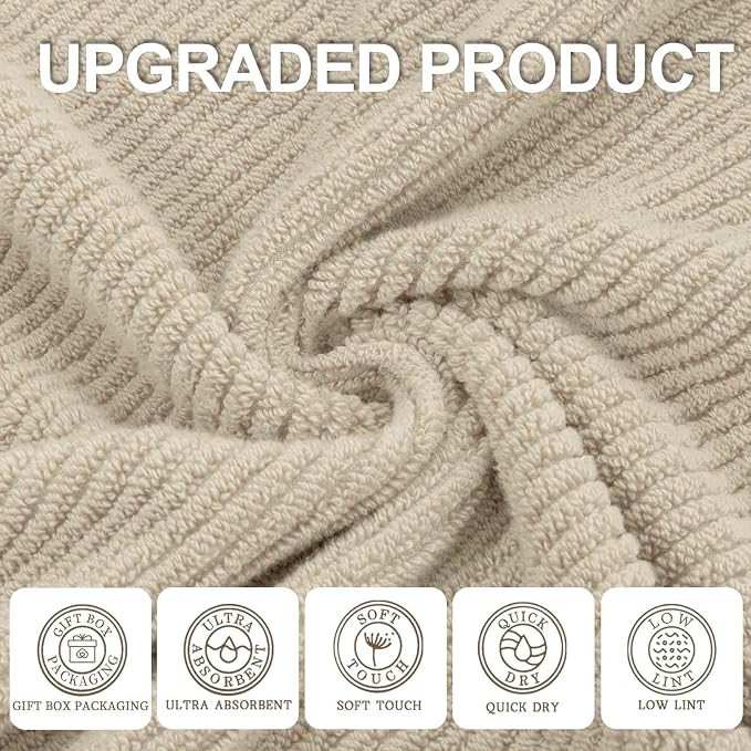 VOOVA & MOVAS Beige Towels for Bathroom - 100% Cotton | Quick Dry | Soft | Thick, 3 Piece Towel Set, 1 Large Bath 30" x 56", 1 Hand 18" x 28",1 Wash Cloth 13" x 13", Bathroom Essentials, Light Tan