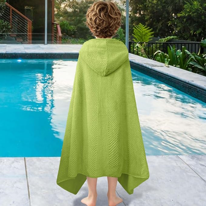 VOOVA & MOVAS Hooded Bath Towels for Kids | Soft Absorbent 100% Cotton Thick Towel Wrap | Versatile Beach, Pool, Swim & Bath Cover-Up | Grass Green Vertical Waffle