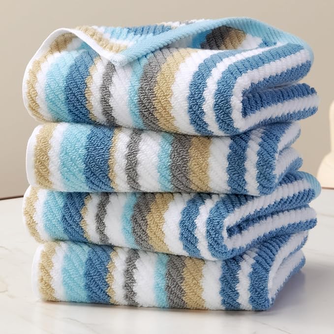 Blue Striped Hand Towels Set (4PC, 16"x27") - 100% Cotton | Quick Dry | Soft | Absorbent, Light Weight Hand Towels for Showering & Bathroom, Luxury Towel Set for Guest, Blue + Gray + Beige