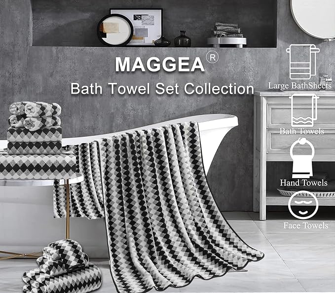 2 Hand Towel Set 16"x31" Black White Towel Set for Bathroom,Highly Absorbent & Quick Dry Hand Towel for Daily Use,Soft Microfiber Multipurpose Towel Collection for Hotel,Spa,Shower,Gym