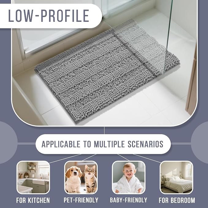 Yimobra Bathroom Rug Mat 32 x 20, Non Slip and Super Absorbent Bath Mat,Machine Washable Quick Dry,Ultra Plush Chenille Shower Rugs for Bathroom Floor Sink Tub and Shower Outside,Gray