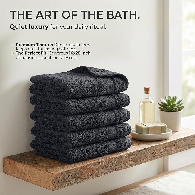 RIVERSIDE 6-Pack Premium Hand Towels Set, 16x28 inches, 100% Ring Spun Cotton, Super Soft, Quicker to Dry and Highly Absorbent, Towels for Bathroom, Kitchen, Gym, (Charcoal Gray)