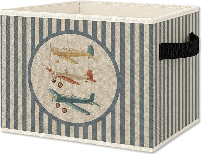 Airplane Nursery Foldable Storage Bins Box with Handles, Blue Striped Airplane Toddler Boy Collapsible Organizer Basket for Boys Kids Bedroom Bathroom Playroom Clothes Books
