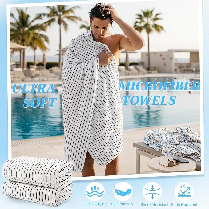2 Pack Oversized Bath Towels 40 x 80 in Coral Fleece Extra Large Black and White Striped Bath Sheets Microfiber Quick Dry Absorbent Shower Towel for Beach Pool Hotel Bathroom Spa Gym