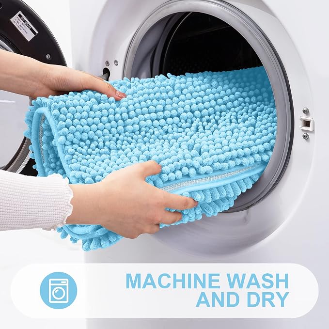Grandaily Chenille Striped Bathroom Rugs 24x16, Extra Thick and Absorbent Bath Mats, Non-Slip Soft Plush Shaggy Shower Carpet, Machine Wash Dry, Bath Rug for Bathroom, (Small, Blue)