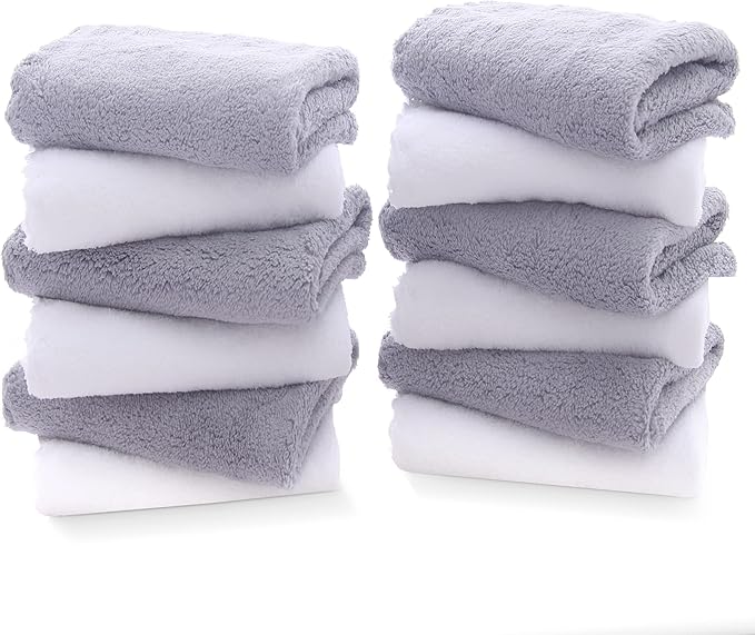 TENSTARS 12 Pack Premium Washcloths Set - Quick Drying- Soft Microfiber Coral Velvet Highly Absorbent Wash Clothes - Multipurpose Use as Bath, Spa, Facial, Fingertip Towel (Grey and White)