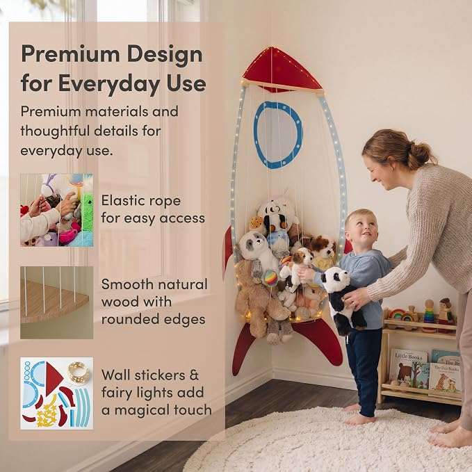 PUTSKA Nursery Furniture Hanging Organizer – Wall Mounted Stuffed Animal Storage for Baby Room, Corner Plush Collection Display & Nursery Organization System, Space-Saving Vertical Storage - Spaceship