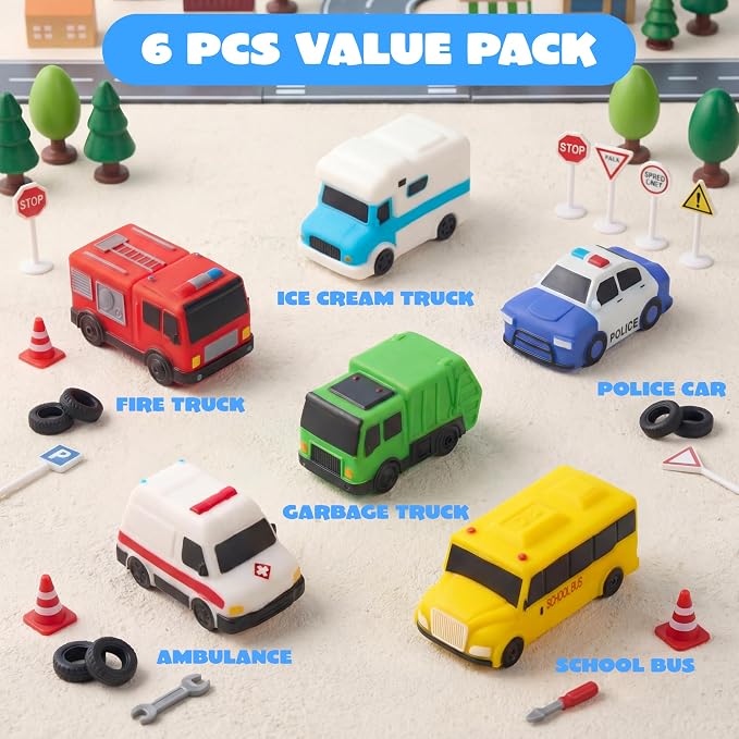 JOYIN 6 Pcs Car Bath Toys, Sealed & No-Hole & Mold Free Bathtub Toys for Kids, Non-Toxic & Soft Water Vehicles Toys, Squeezable & Float on Water, Bath & Pool Play for Boys and Girls