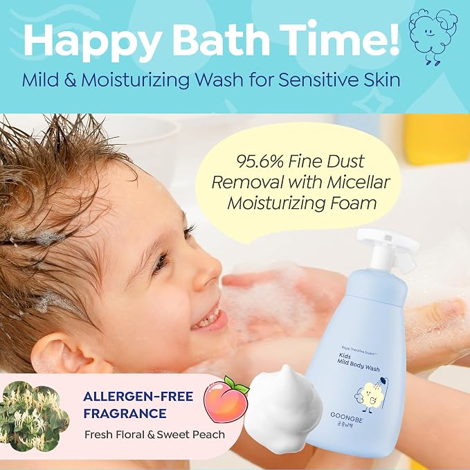GOONGBE Kids' Mild Body Wash - Korean Kids Body Cleanser - Hydrating & Refreshing Low pH Soft Bubble Foaming with Panthenol and Amino Acids - Allergen Free Scent, 10.1 fl.oz. 2 Pack