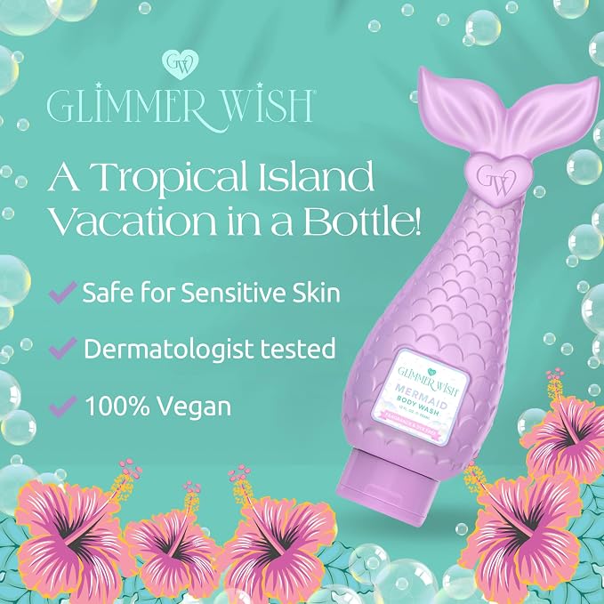 Glimmer Wish Fragrance Free and Dye Free Kids Body Wash for Sensitive Skin, Plant Based Cleansers, Organic Botanicals and Pro-Vitamin B5, 12 Fl Oz (Mermaid)