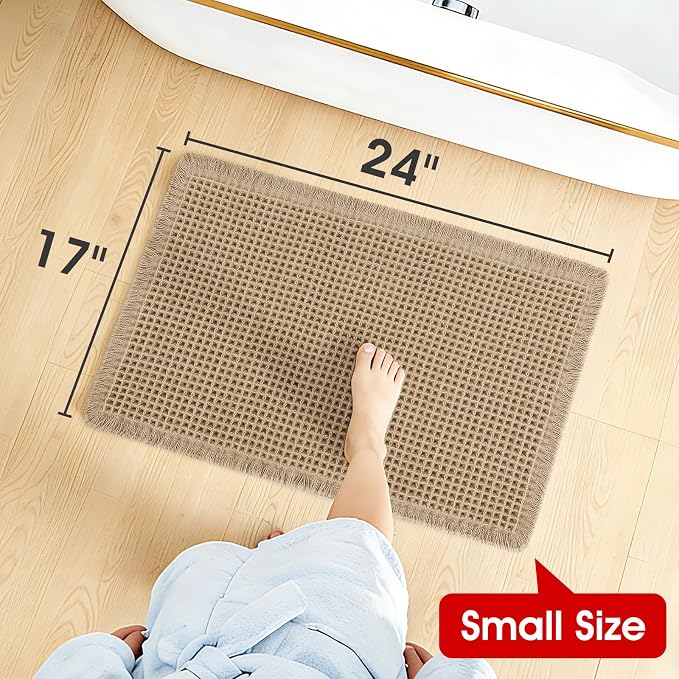 ACCUMTEK Upgraded Waffle Bath Mat, 24"x17" Beige, Super Absorbent Non-Slip Quick Dry Bathroom Rugs with Tassels, Machine Washable Ultra Soft Boho Bath Rugs for Floor, Toilet Mats Boho Farmhouse Decor