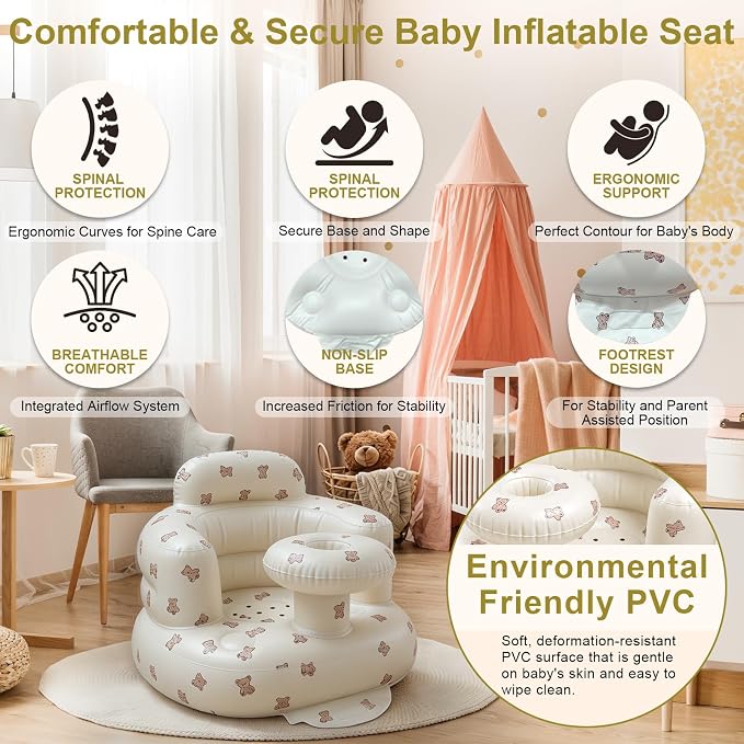 Inflatable Baby Seat for Babies 3-36 Months, Baby Chair with Fence & Built in Air Pump, Blow Up Floor Baby Seat with Back Support, Inflatable Baby Chair Sit Me Up for Home Bear-Tray