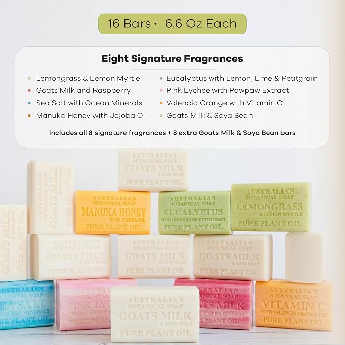 Australian Botanical Soap, Goats Milk & Soya Bean + Variety, 16-Bar Set