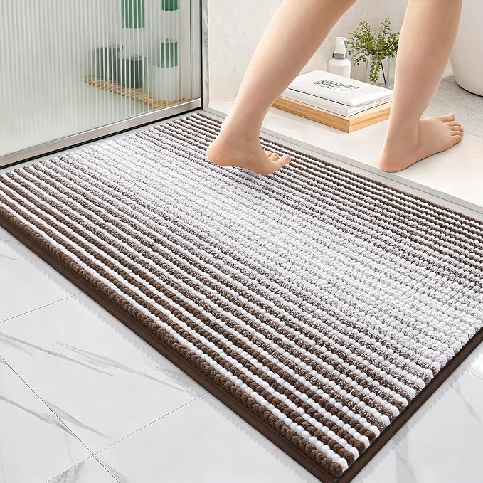 OLANLY Bathroom Rugs 36x24, Extra Soft Absorbent Chenille Striped Bath Rugs, Rubber Backing, Machine Wash Dry, Bath Mats for Bathroom Floor, Tub and Shower, Home Decor Accessories, Brown