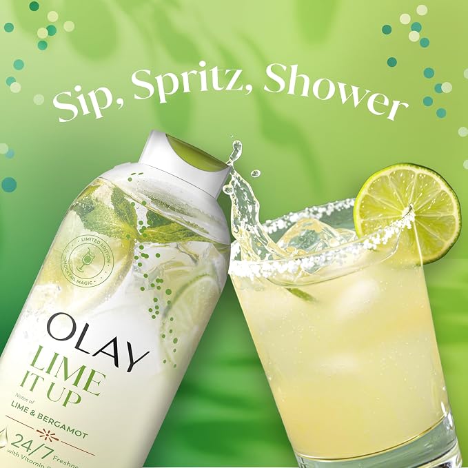 Olay Body Wash for Women, 24/7 Skin-Loving Freshness, Miami Mocktails, Plant Based Cleansers, Vitamin B3 & Antioxidant Blend, For All Skin Types, Lime It Up with Bergamot Scent, 22 fl oz