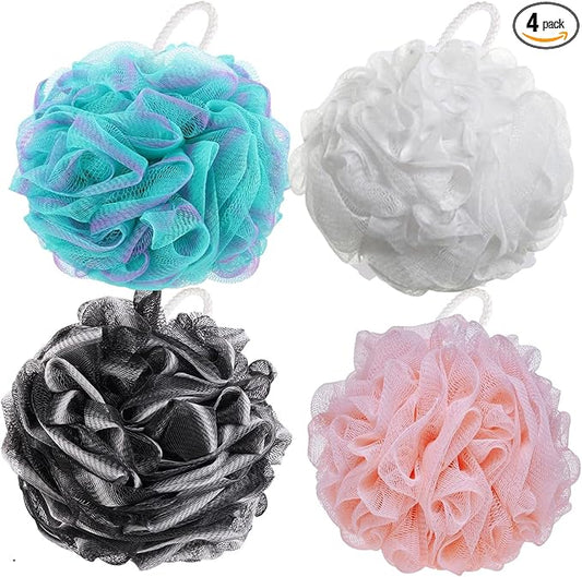 BTYMS 4 Pieces Shower Loofahs Bath Sponges 60g/pcs Mesh Puffs Body Scrub Luffas Bath Scrunchies for Shower Exfoliate