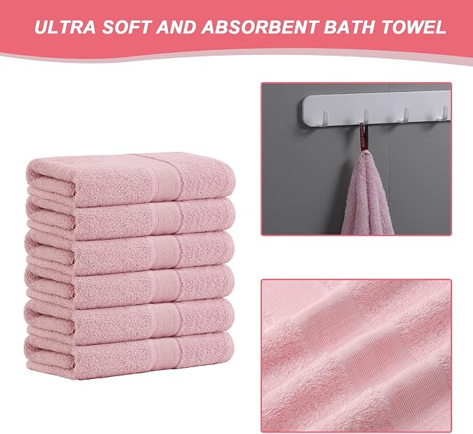 Aibaser Viscose from Bamboo and Cotton Bath Towels Set of 6-27x54 Inch Ultra Soft, Highly Absorbent Large Shower Towels for Bathroom, Spa & Gym (6 Piece Set) (Pink)