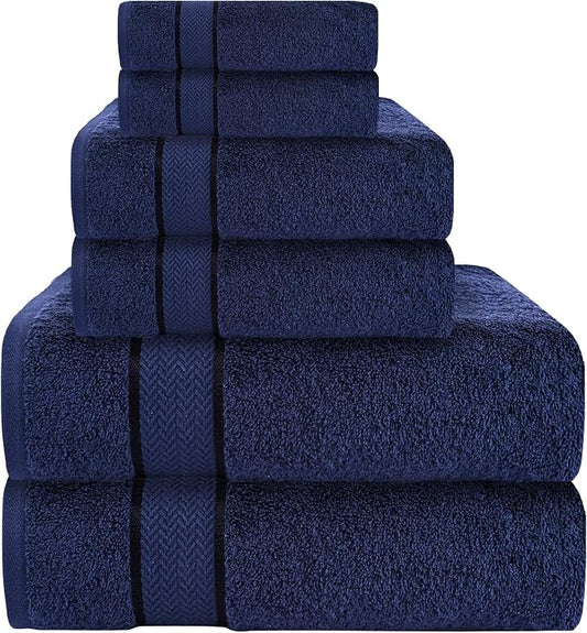 Luxury Cotton Bath Towel Set - 6 Piece, Navy Blue, Solid, Heavy Weight, 100% Cotton, Machine Washable