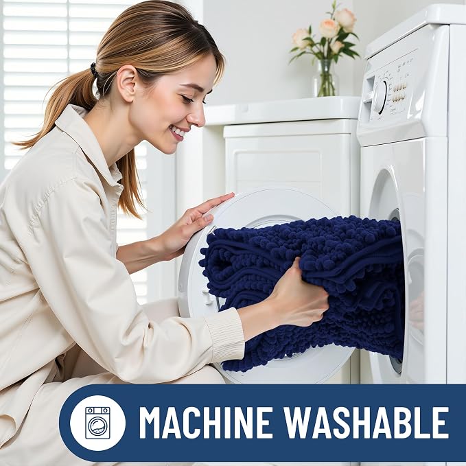 Smiry Bathroom Rugs Mat 47x17, Extra Soft Absorbent Chenille Bath Rugs, Non Slip Rubber Backing Machine Washable Quick Dry Bath Mats for Bathroom Floor, Tub, Shower, Home Decor Accessories, Navy Blue