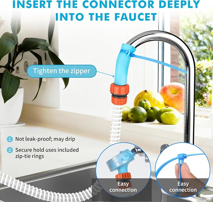 Slip-On Tub Hose for Bathtub Faucet, Ear-Tab Zip-Tie Connector, Handheld Sprayer Head, No-Install Faucet Hose Attachment for Hair Washing & Cleaning, 5 ft, Fits Spouts up to 3 in