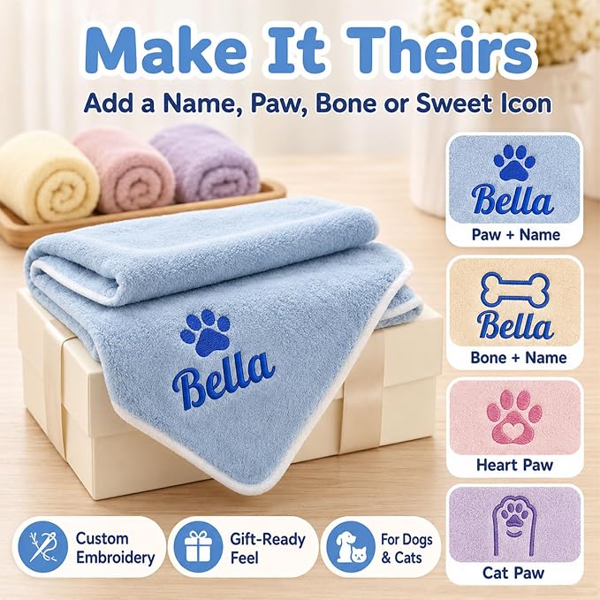 Custom Pet Bath Towel with Embroidered Name, Personalized Paw Print Pet Towel for Dogs and Cats,Soft Coral Fleece Dog Drying Towel (Grayish Blue)