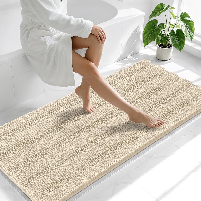Smiry Thick Chenille Bathroom Runner Rugs 59x24, Absorbent Striped Bath Mat, Machine Washable, Rubber Backing, Extra Long Bath Rugs for Tub & Shower, Modern Home Decor Accessories, Sand