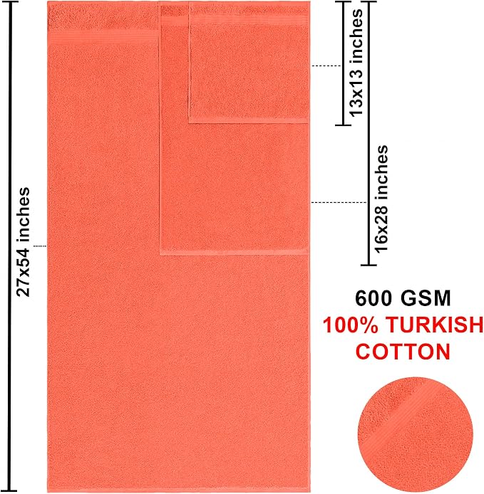 American Bath Towels 100% Cotton 6 Piece Turkish Towel Set, Ultra Soft Absorbent Bathroom Towels, 2 Bath Towel 2 Hand Towels 2 Washcloths, Coral