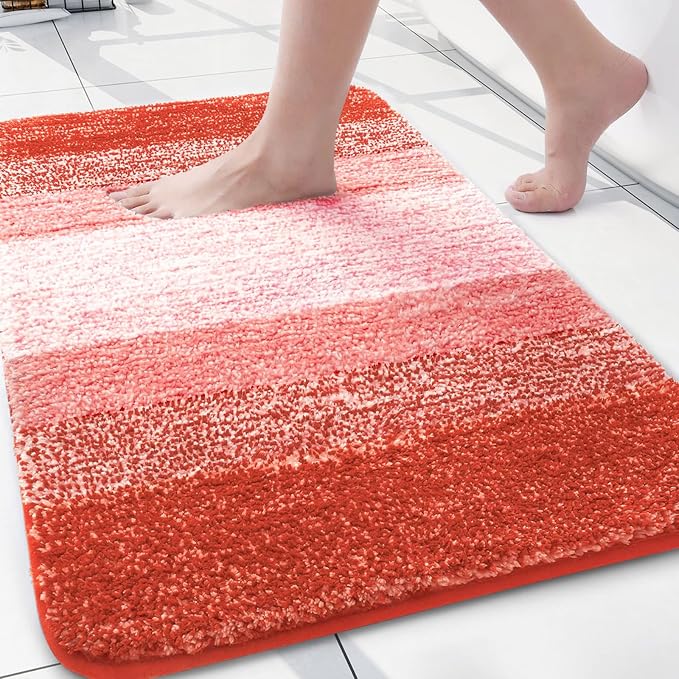 Arotive Microfiber Bathroom Rugs, Shaggy Soft and Absorbent Contour Toilet Rugs, Thick Plush Machine Washable Dry Bath Mats for Toilet Base, 24x16, Coral, Rectangular