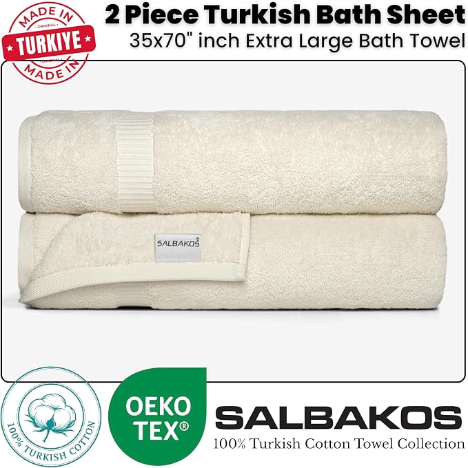 SALBAKOS 2-Piece 100% Turkish Cotton Extra Large Bath Towel 35x70 inch | Premium Hotel Quality Bath Sheet Towels | Thick, Soft, Absorbent, Oversized Bath & Beach Towels (Ivory, 2 Bath Sheets)