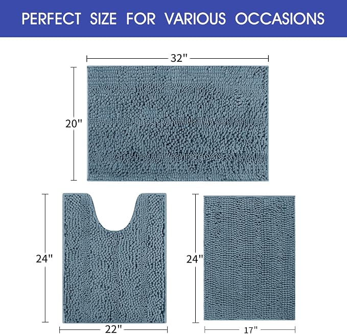 SmileYes Striped Haze Blue Bathroom Rug Set 3 Pieces Ultra Soft, Non Slip Chenille Bath Carpet, Absorbent Plush Shaggy Bath Mats for Bathroom, Bedroom, Stone Blue