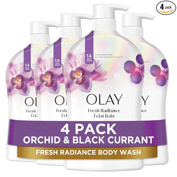 Olay Body Wash for Women, Fresh Radiance, Refreshing & Renewing, Made with Plant Based Cleansers, B3 Botanical Complex, For All Skin Types, Orchid & Black Currant Scent, 33 fl oz (Pack of 4)