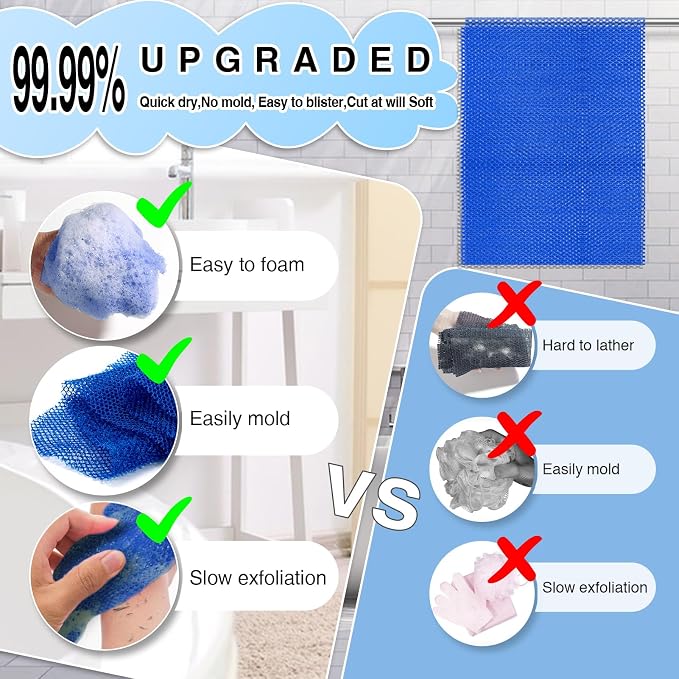2 Pieces African Net Sponge – Effective Deep Cleansing and Exfoliating Mesh for Glowing Skin – Stretchable, Quick-Dry Exfoliating Bath Sponge (Blue)