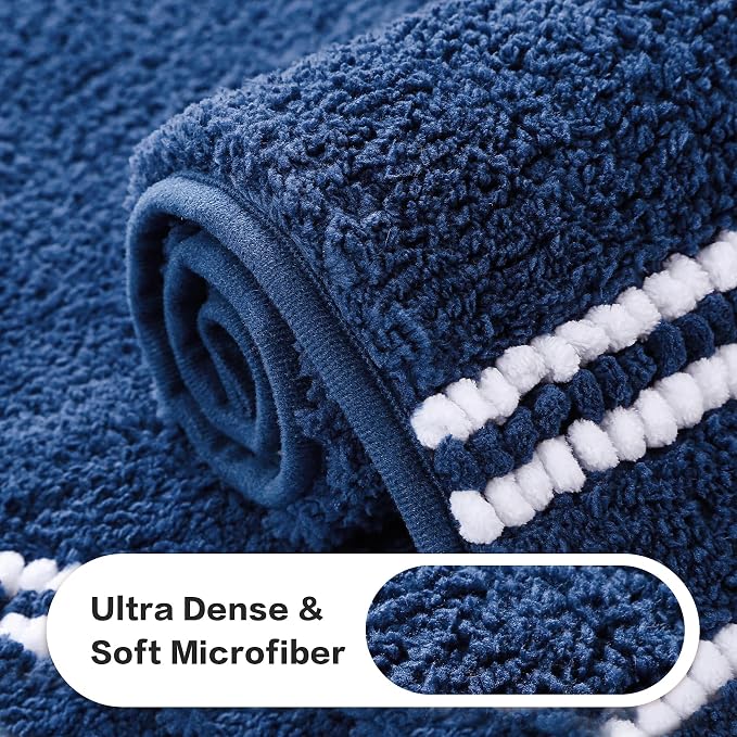 Kmson Bathroom Rugs Mat, 17"x24" Ultra Soft Washable Shaggy Chenille Bath Rugs, Non-Slip Fluffy Thick Water Absorbent Microfiber Mat for Bathtub, Sink and Shower, Navy Blue