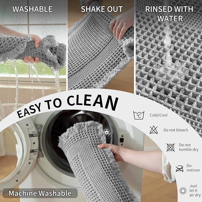 Waffle Bath Mat - Super Water Absorbing Bath Mat Quick Dry, Bathroom Rugs Non Slip Washable with Tassels, Rubber Backed Bathroom Mat for Bathroom Floor, Tub and Shower, 24" x 36", Light Grey