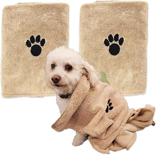 Zelica Dog Bath Drying Towels | Super Absorbent Shower Towels for Small Pet Dogs | Cute Light Brown Dog Towel | 34” x 25” (2 Pack)