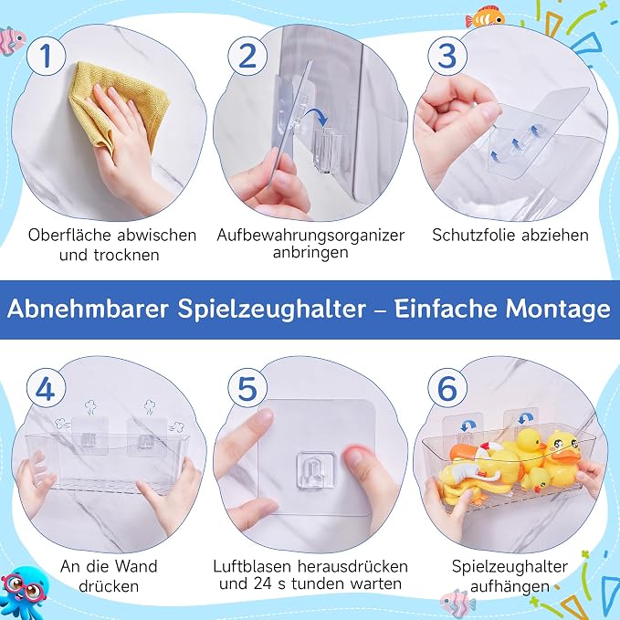 Antimbee Clear Bath Toy Storage, Large Capacity Bath Toy Holder, Quick Dry Bathtub Toy Storage Organizer, No Drill Adhesive Shower Caddy, Bathroom Shower Toy Basket for Baby Toddler Kids, 2 Pack