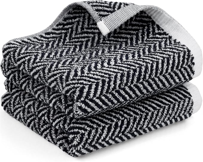 Cleanbear Black Hand Towels for Bathroom, 2 Pack Cotton Hand Towels with Herringbone Stripes, Soft Absorbent Quick-Dry, 14 x 29 Inches, Decorative Vintage for Bathroom & Kitchen