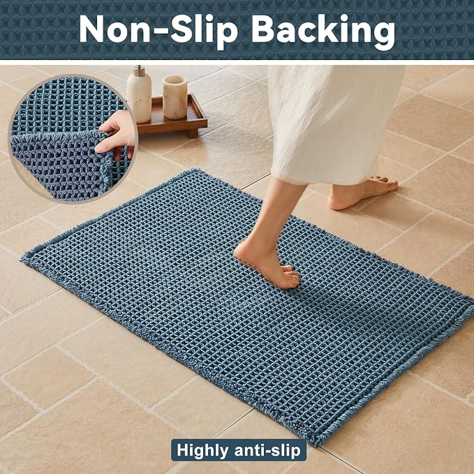 Triohero Waffle Bath Mat, Boho Bathroom Rugs Non Slip Washable, Ultra Soft Super Absorbent Quick Dry Farmhouse Bathroom Decor, 20" x 30", Denim Blue
