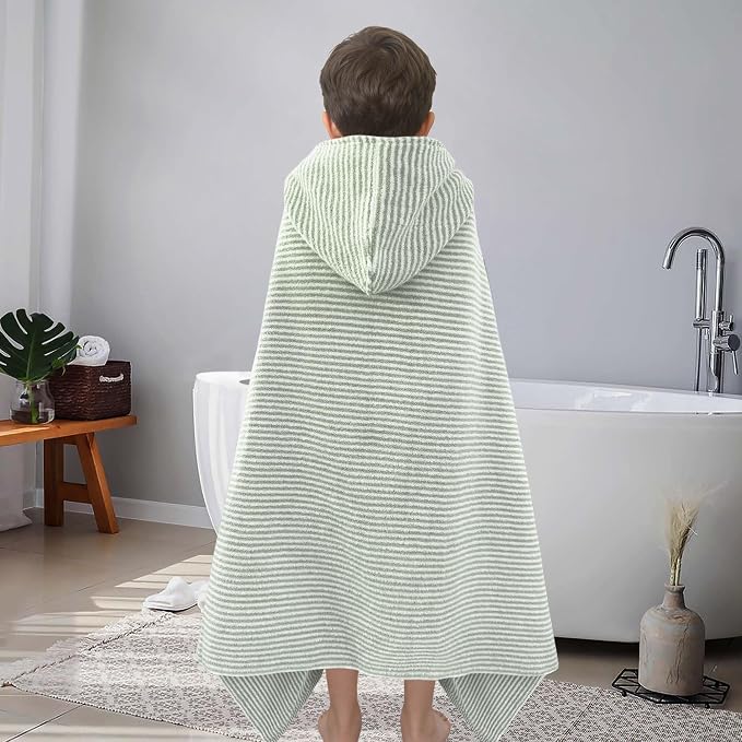 VOOVA & MOVAS Hooded Bath Towels for Kids | Soft Absorbent 100% Cotton Thick Towel Wrap | Versatile Beach, Pool, Swim & Bath Cover-Up | Green White Thin Horizontal Stripe