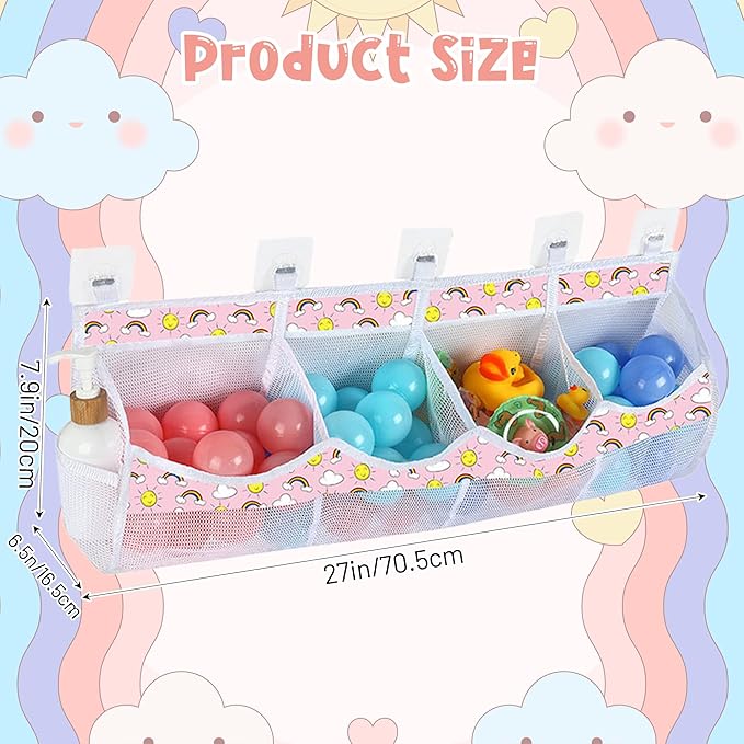 Large Bath Toy Storage, 4 Compartment Quick Drying Mesh Bath Toy Organizer with 5 Hooks, Easy Access and Sorting Large Capacity Corner Bathroom Storage, Multi Use Holder (Rainbow)
