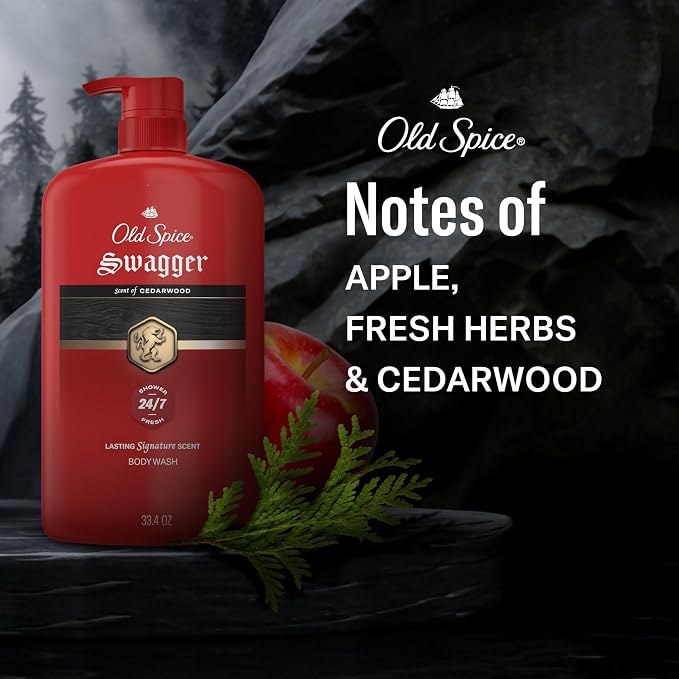 Old Spice Body Wash for Men, 24/7 Shower Fresh with Long Lasting Scent, Refreshing 3X Defense, Red Collection, Swagger with Cedarwood Scent, 33.4 oz (Pack of 4)