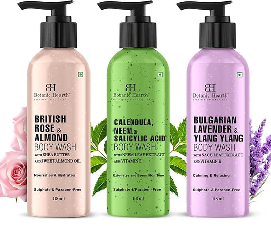 Botanic Hearth Relax & Renew Body Wash Set | British Rose, Lavender & Calendula Neem | Travel Size Shower Gel 3-Pack | 4 fl oz Each | For Men & Women