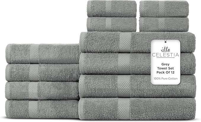 12-Piece 100% Cotton Towel Set, 4 Bath Towels, 4 Hand Towels, 4 Wash Cloth, Quick-Dry, Grey