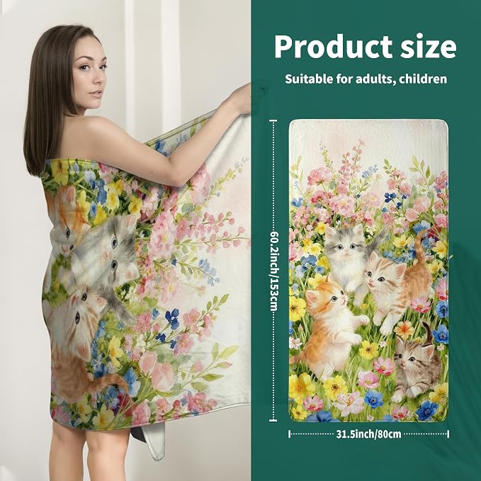 Cute Cat Floral Bath Towels Highly Absorbent Coral Fleece Oversized Bathroom Towel for Cat Lover
