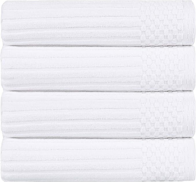 Superior 4 Piece Cotton Bath Towel Set, Includes 4 Bath Towels, Daily Use for Bathroom, Guest Bath, Quick Dry, Spa, Resort Towels, Ribbed, Absorbent, Home Essentials, Soho Collection, White